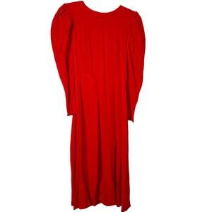 & Other Stories Red Jacquard Long Puff Sleeve Slit Midi Dress